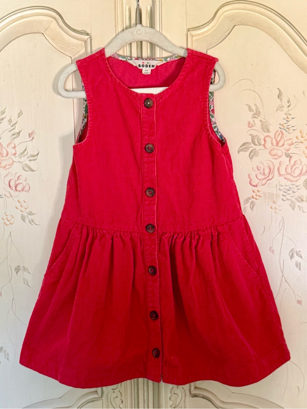 Mini Boden 5-6Y Red Button-Front Cord Pinnie w/Pockets